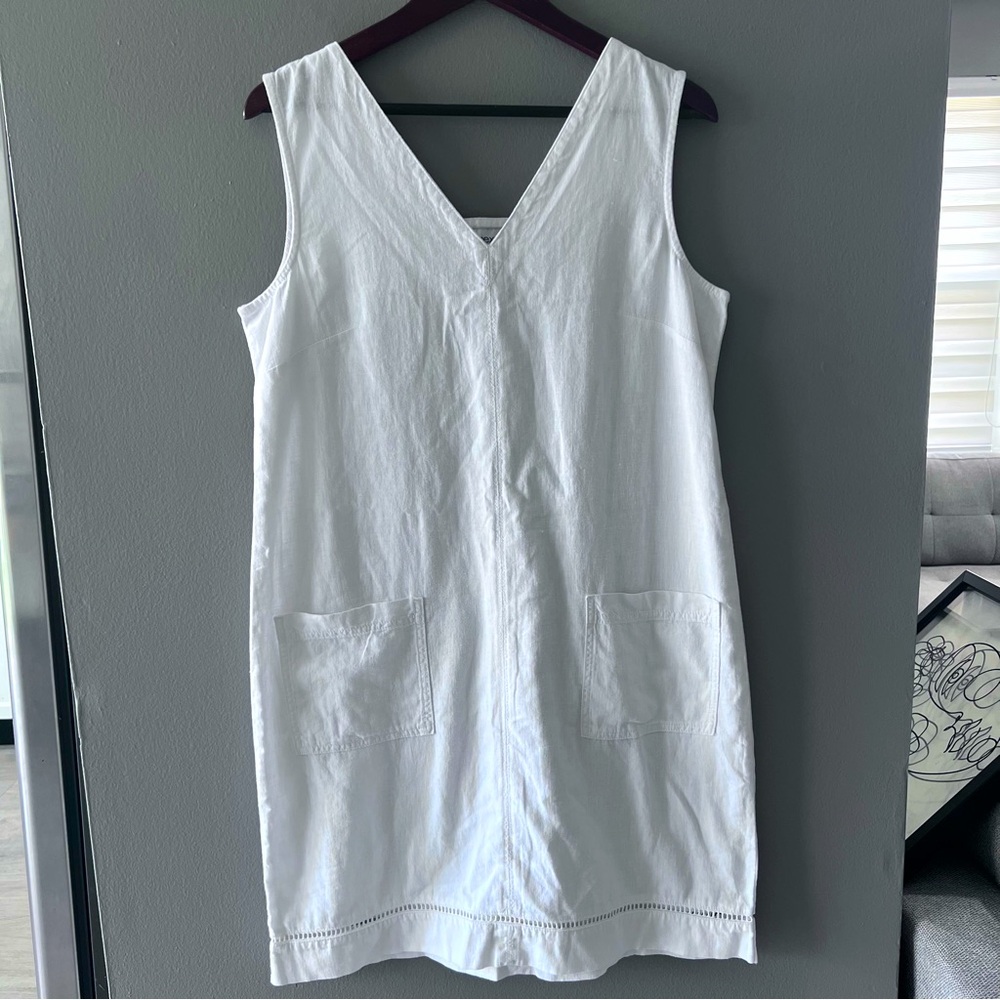 NEXT Women’s Linen Sleeveless V Neck Shift Dress Size 10 White Classic Beach
